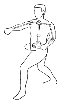 Drawing of a person performing a gyaku-zuki (reverse punch) with an illustration of mechanical mechanism that shows a center axis rotation with the punching arm moving forward and the other arm moving backwards.